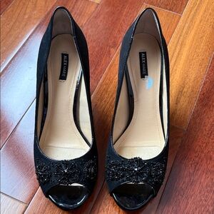 Alex Marie Black Beaded Peep-Toe Heels